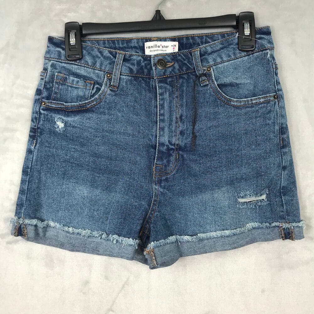 Vanilla Star Cut Off Cuffed Jean Shorts Size 7 Distressed Holes Raw Frayed